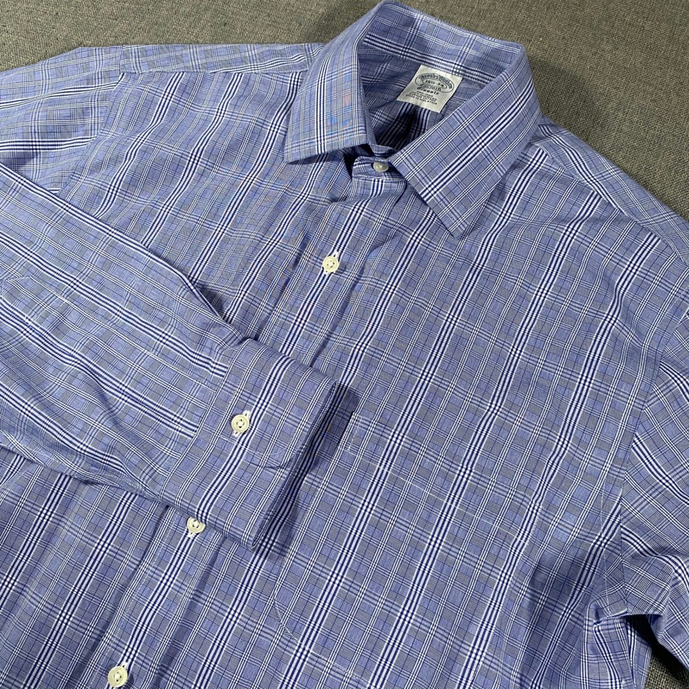 Brooks Brother Dress Shirt Men 15.5 34 Blue Plaid Supima Cotton Non-Iron Classic